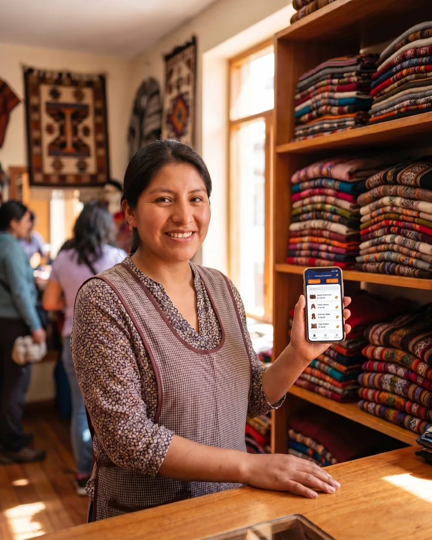 Emprendedora en su tienda de textiles