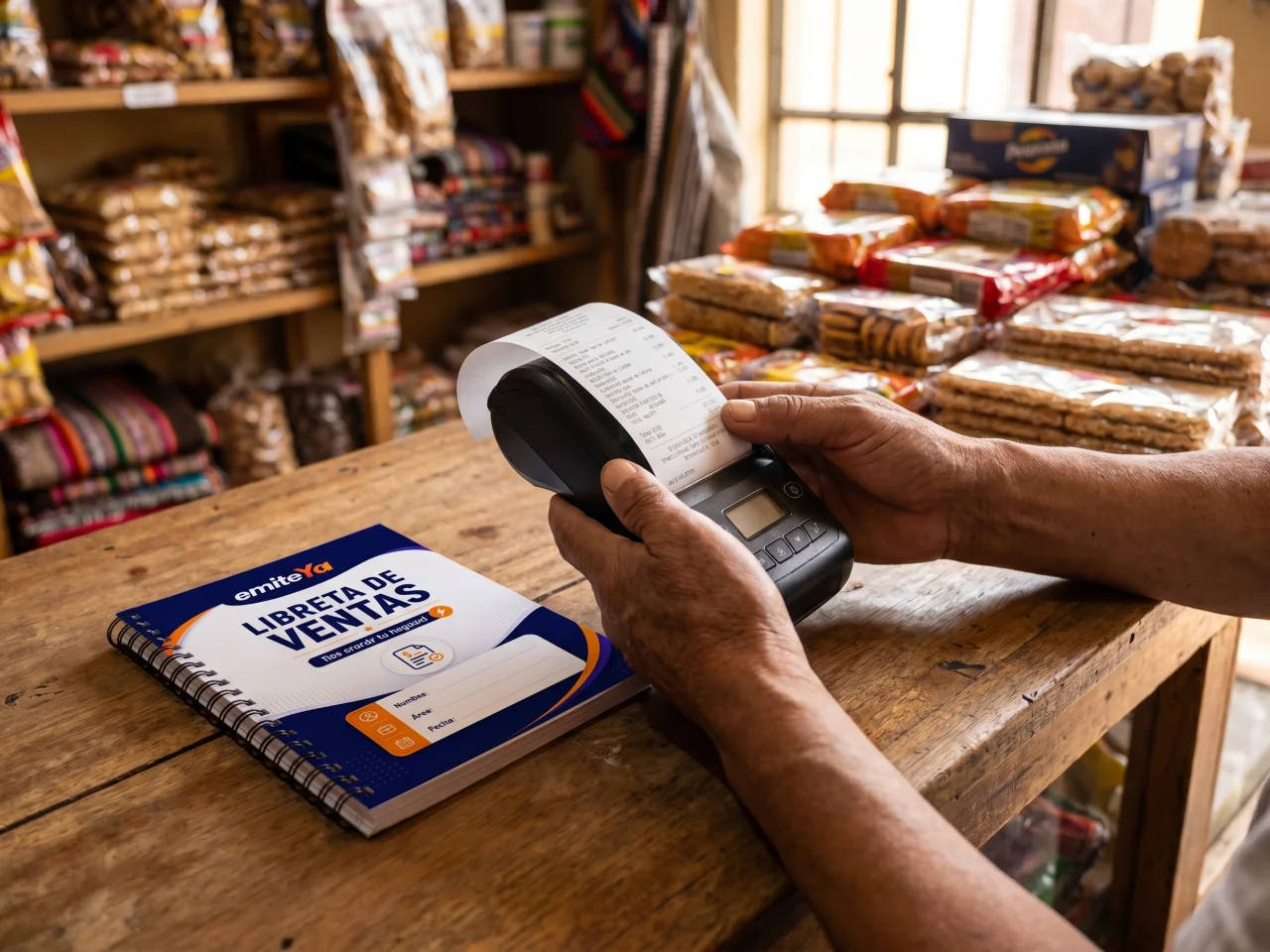 Libreta de ventas EmiteYa e impresora térmica en una bodega peruana